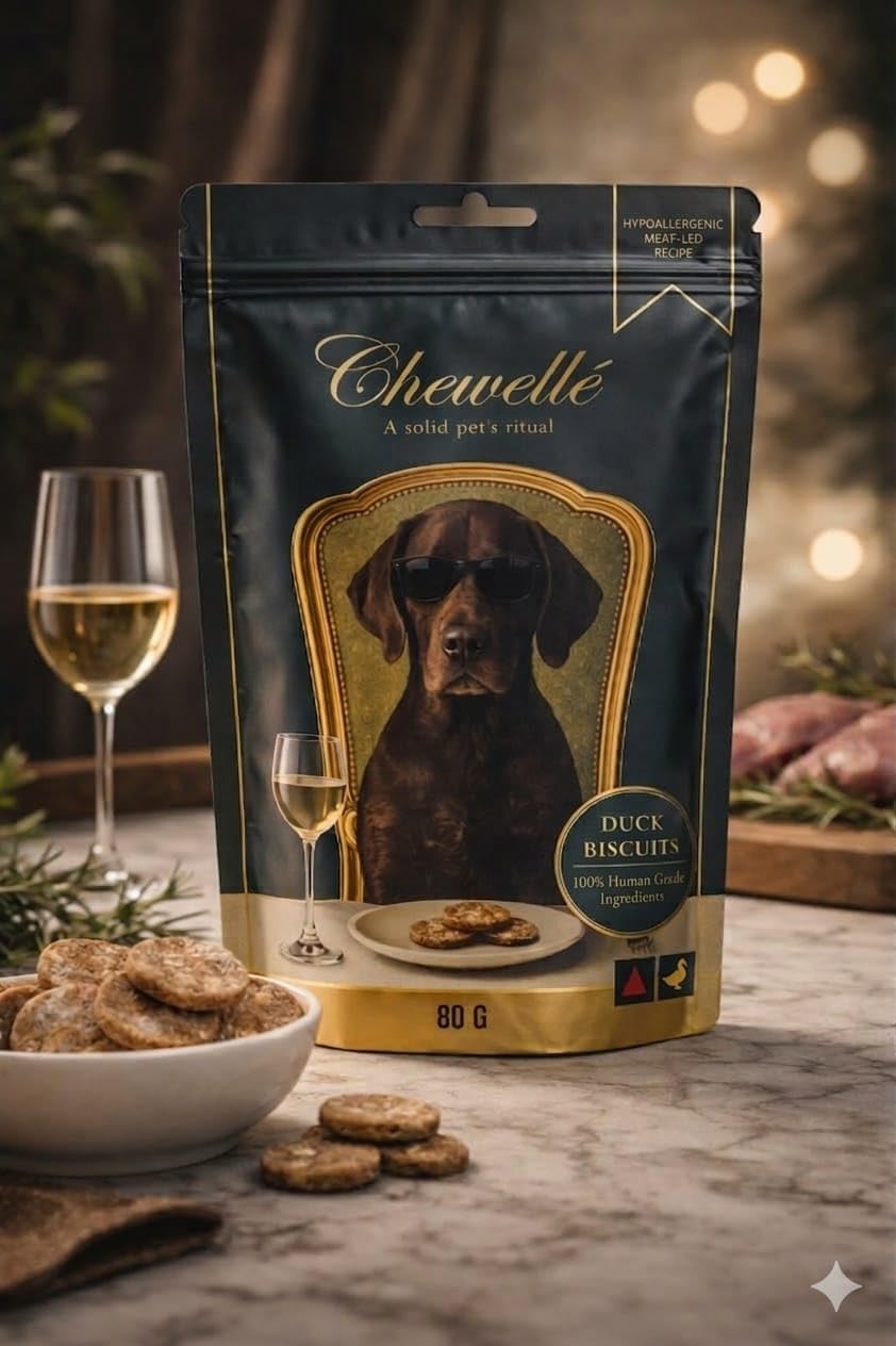 Chewellé hypoallergenic duck dog treat pack on elegant surface