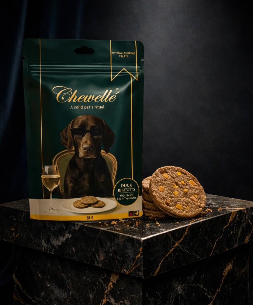 Chewellé duck biscuit treat displayed on marble — premium pet food India